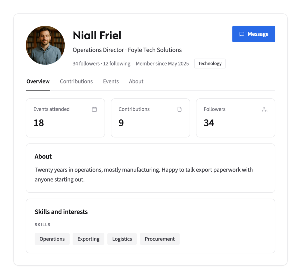 A member profile in the Portava directory showing events attended, contributions, followers and skills