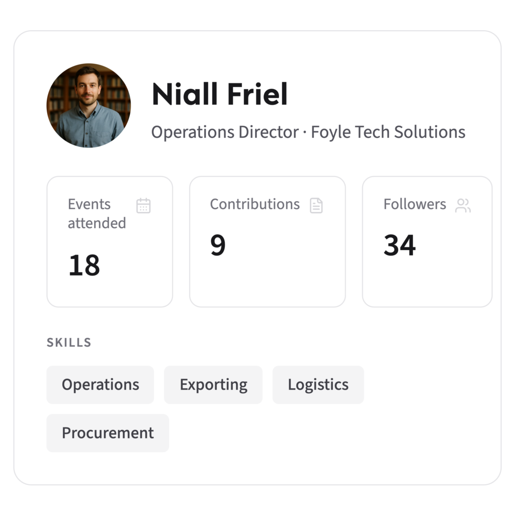 A member profile card showing events attended, contributions, followers and skills