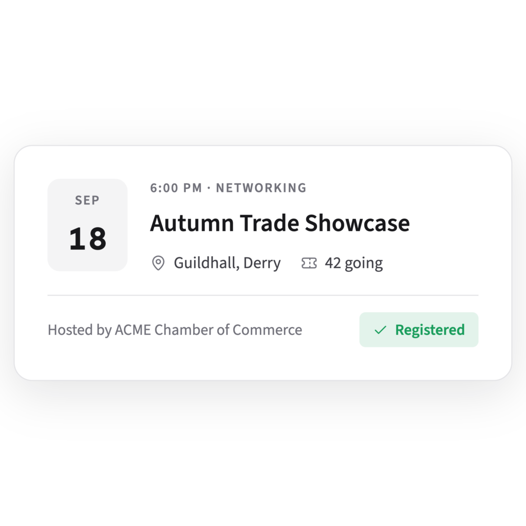 A Portava event card for an evening networking event showing the date, venue, number going and a Registered badge