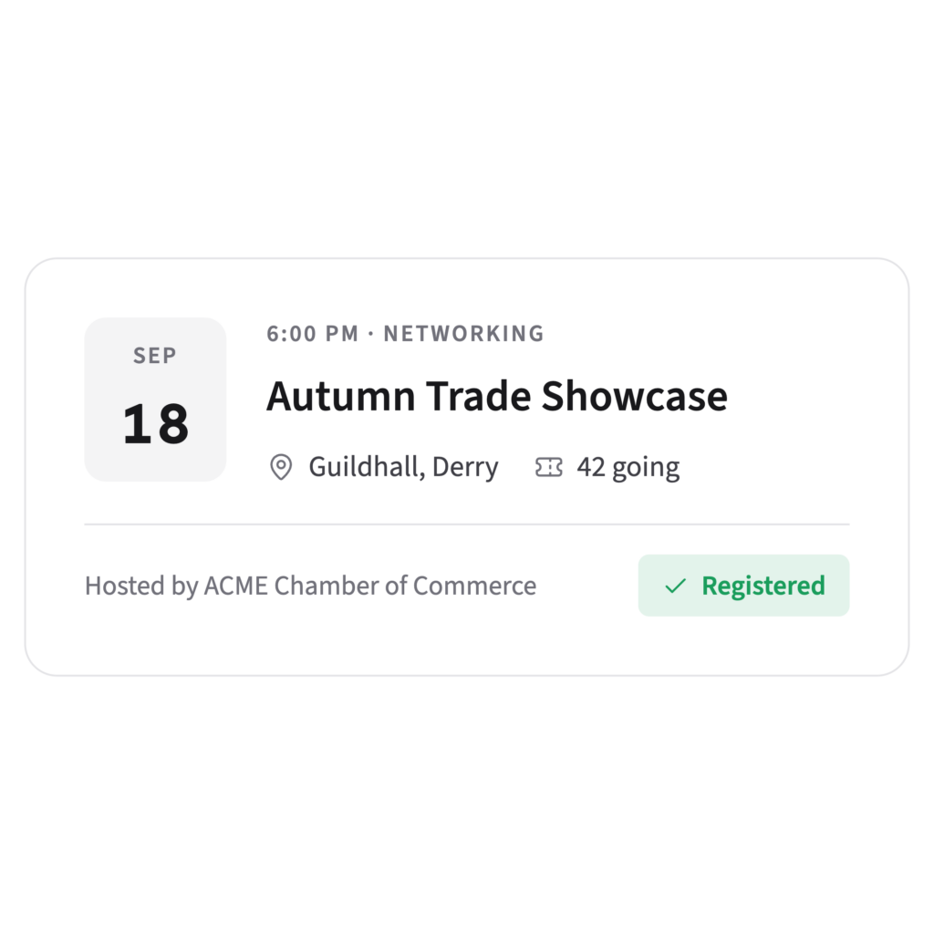A Portava event card for an evening networking event showing the date, venue, number going and a Registered badge
