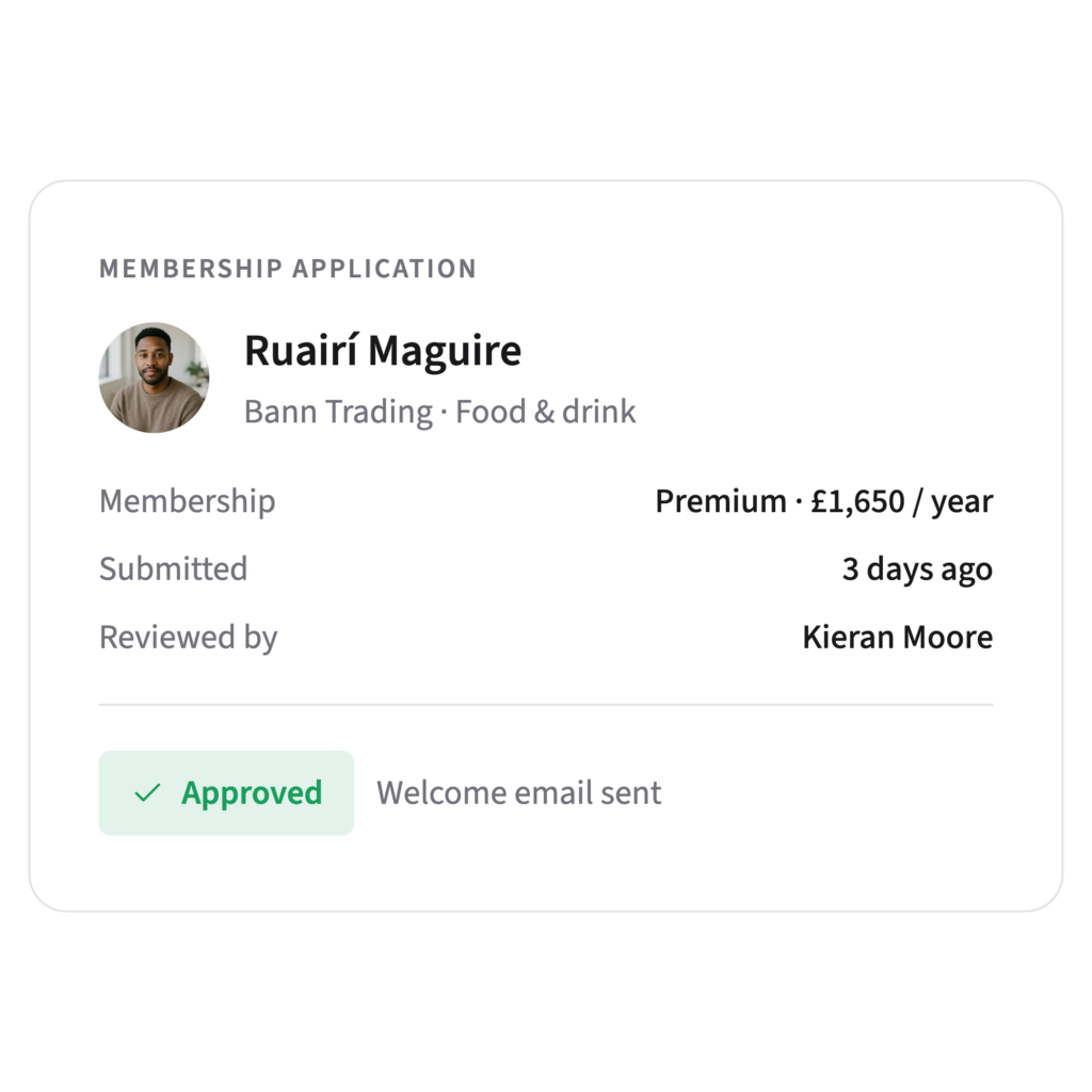A membership application in Portava marked Approved, with the welcome email sent
